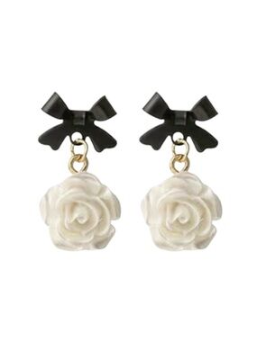 Black Bow & Cream Rose Drop Earrings